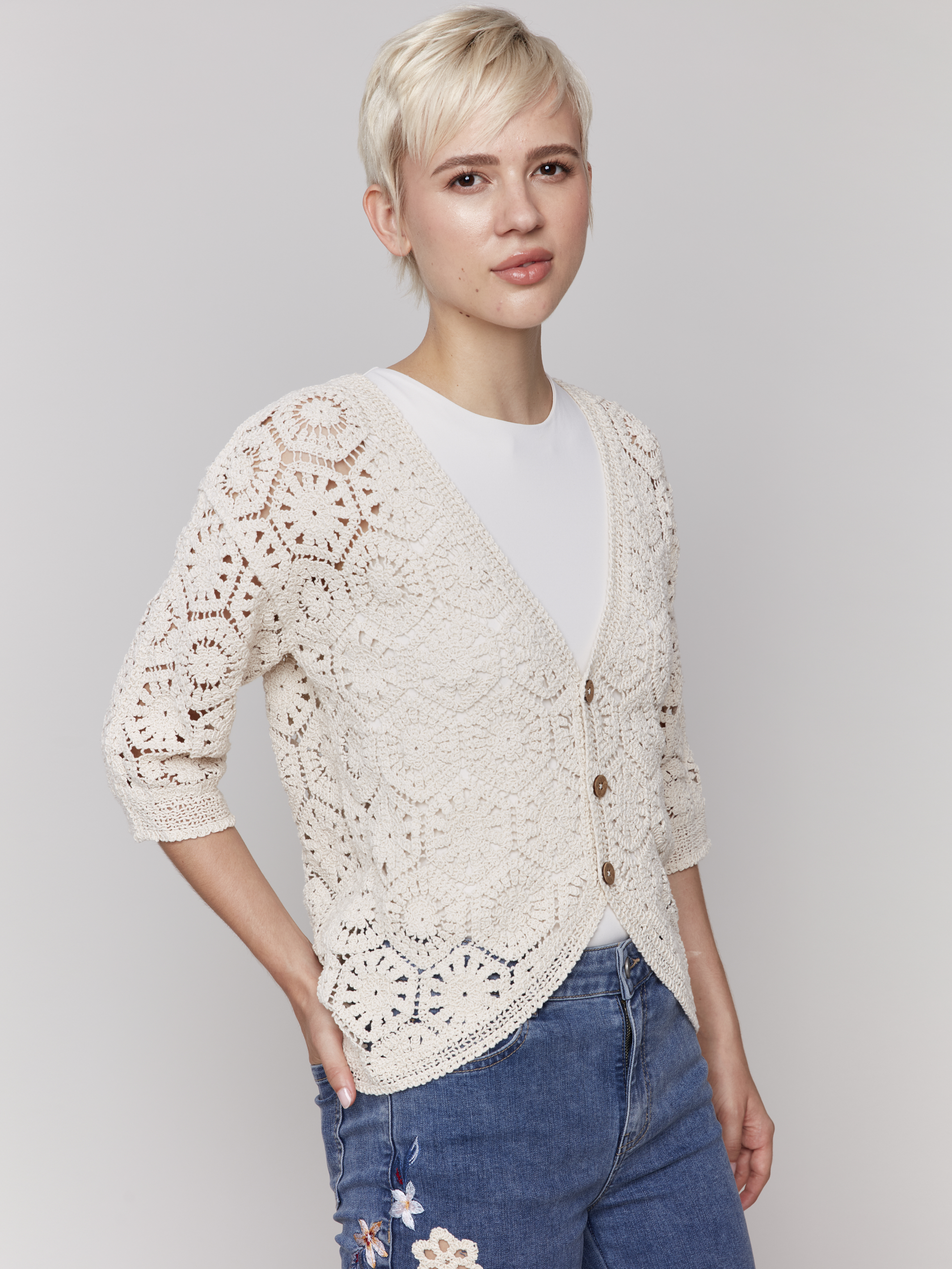 Cardigan crochet naturel - C2801 - Charlie B
