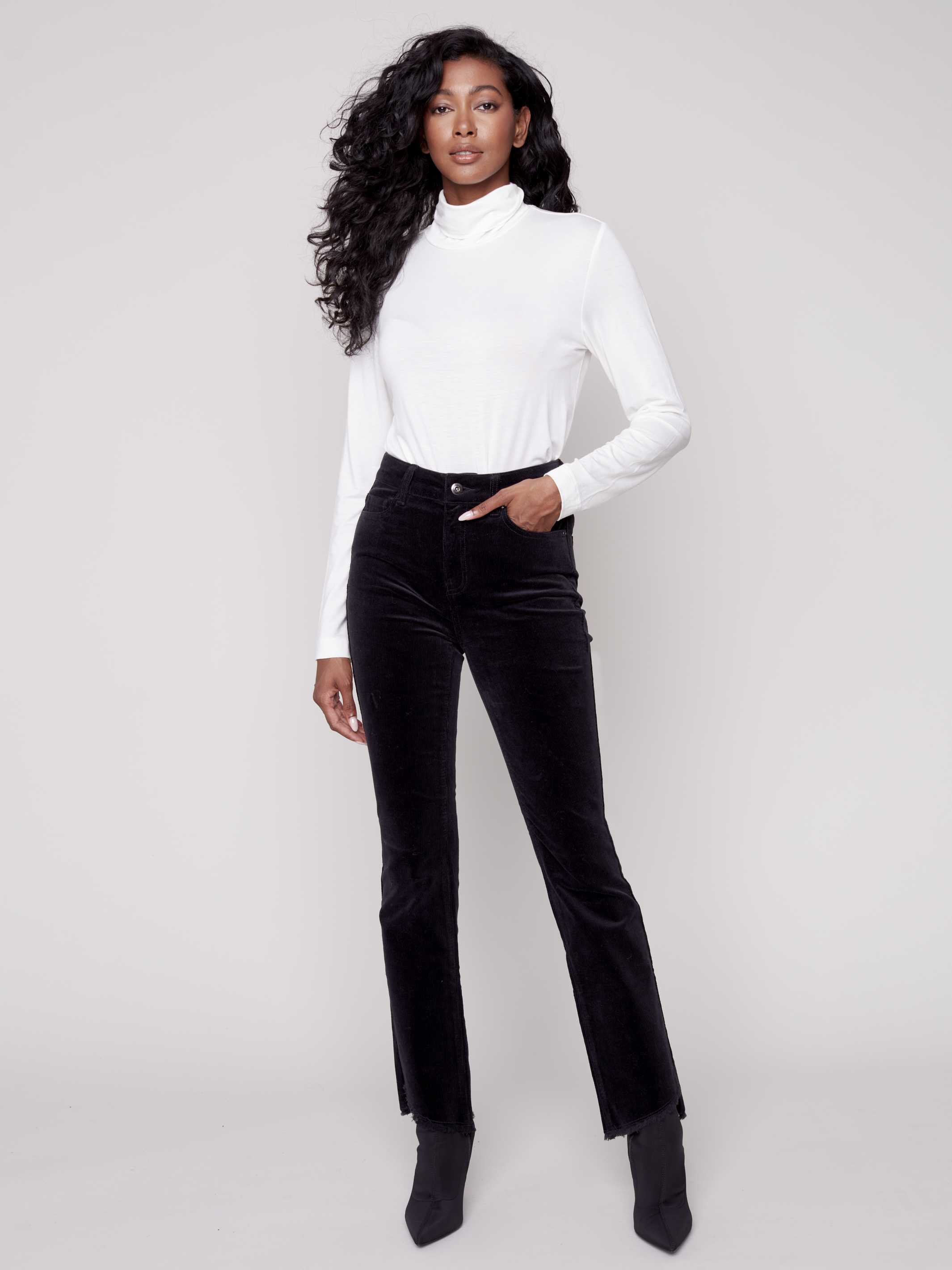 Pantalon évasé en velours côtelé stretch avec ouverture asymétrique - C5429N - Charlie B
