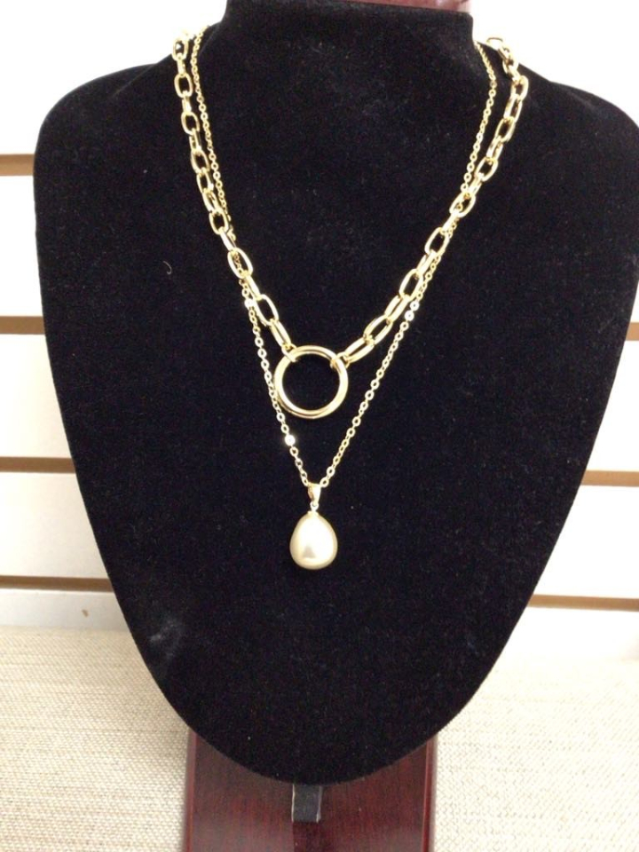 Collier double chaine anneau or et perle - M99-593 - Merx