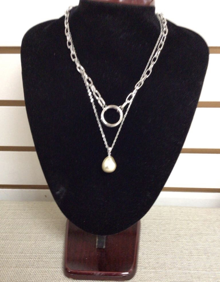 Collier double chaîne pendentifs anneau et perle - M99-594 - Merx