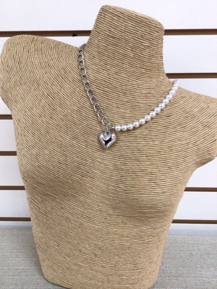 Collier pendentif coeur / composé pour moitié de perles et pour moitié de maillons argent - Nana0581 - Les Nana