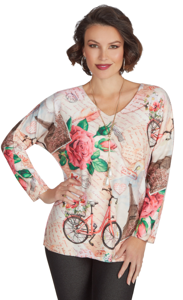 Candail tricot / col en V / motif floral, bicyclette. écriture - 407 - Tricotto