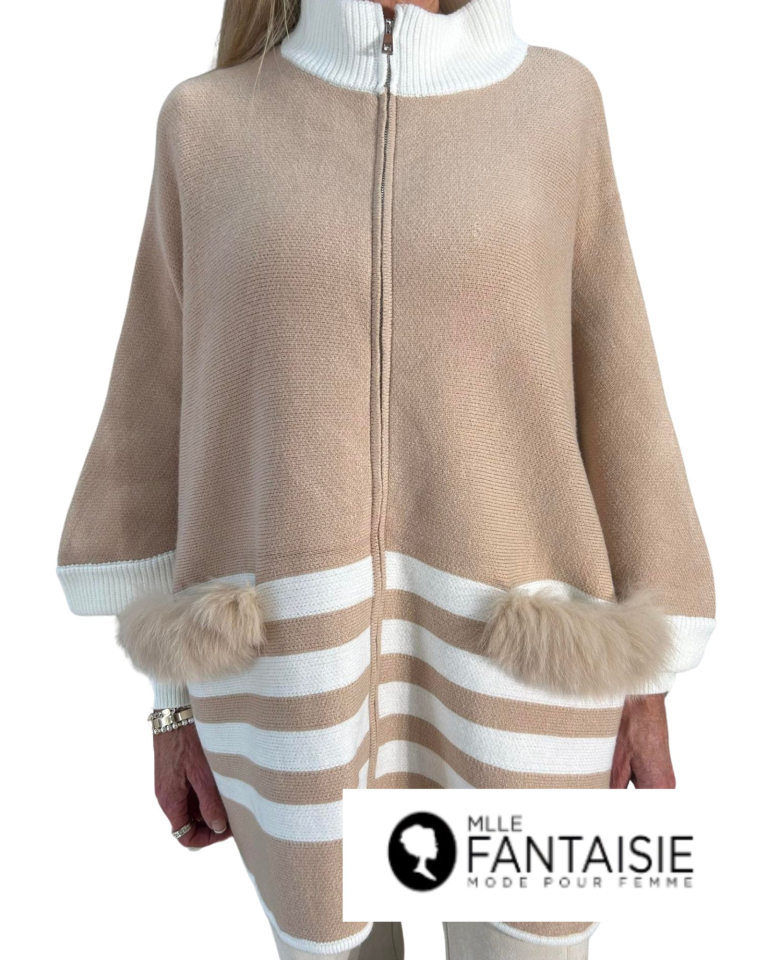 Cape fourrure et rayures - POYU28Beige - Fantaisie