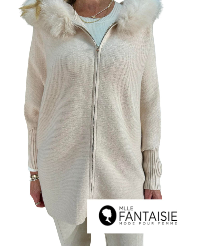 Cape avec capuchon fourrure - POYU22Creme - Fantaisie