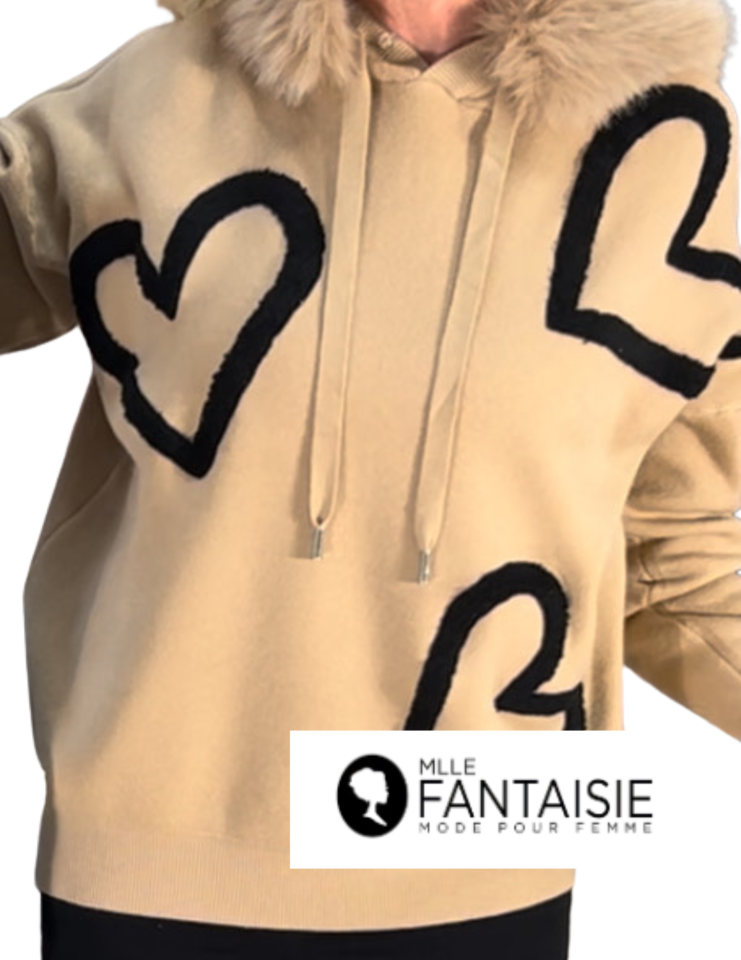 Chandail coeur avec fourrure amovible - F2977Camel - Fantaisie