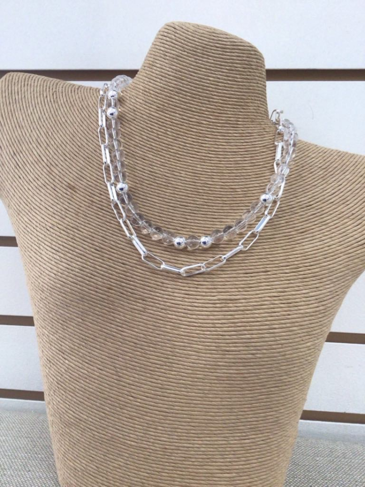 Collier avec perles argentés et perles transparentes - M06-14226A - Merx