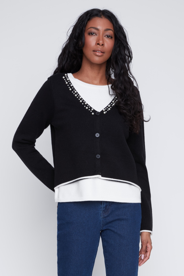 Cardigan chandail 2 en 1 - CYC2523033noir - Coco Y Club